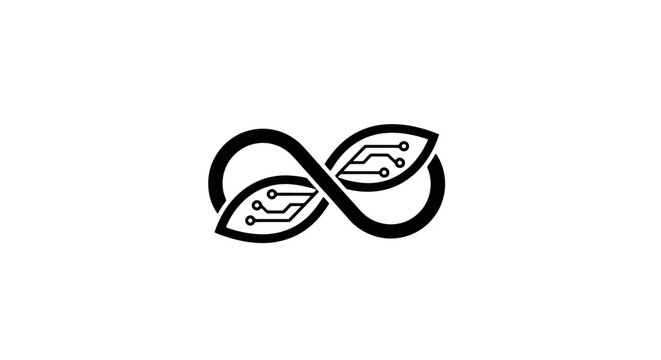 Minimalist infinite tech leaf logo symbol combining nature and technology concepts in a sleek black and white design for modern sustainable businesses and eco-friendly brands