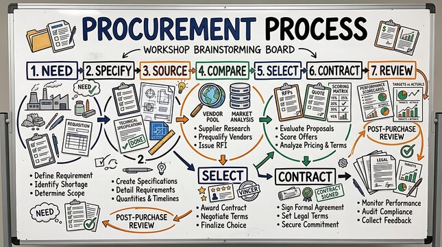 A whiteboard illustration detailing the seven steps of a professional procurement process for business strategy.