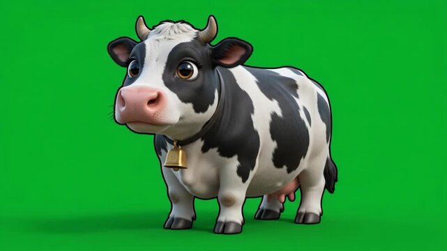 Adorable Cartoon Cow with Bell on Green Screen Background.