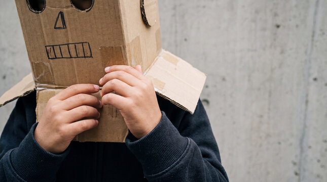 Cardboard costume child mask handmade halloween diverse kids in DIY costumes with playful emotion