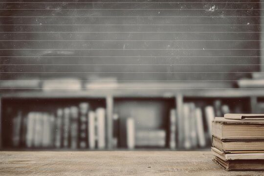 Stack of Vintage Books on Wooden Desk with Blackboard and Bookshelf Background