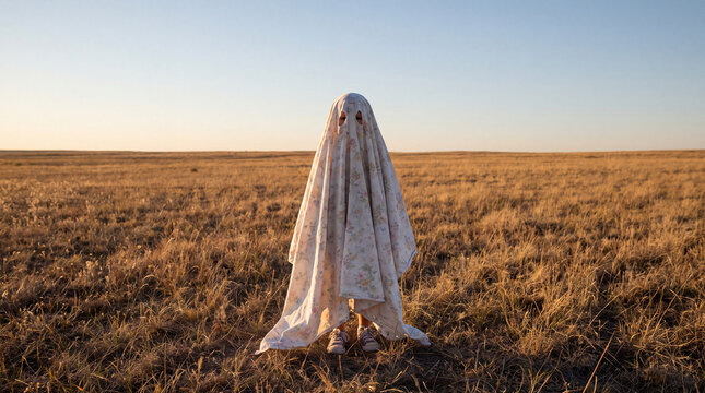 Halloween diverse kids in diy costumes with mysterious ghost figure on open field