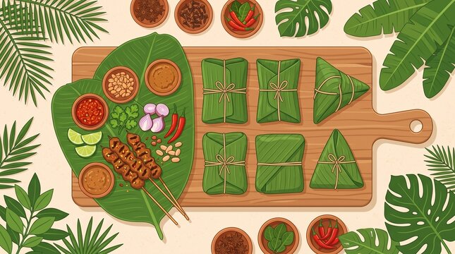 Traditional food wrapped in banana leaves with rice parcels, herbs and spices, natural presentation celebrating Southeast Asian culinary traditions.