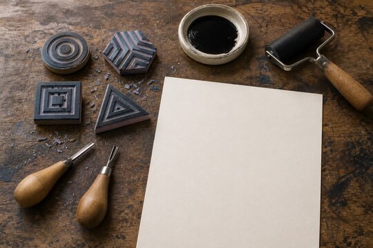 Geometric rubber stamp carving tools beside blank paper