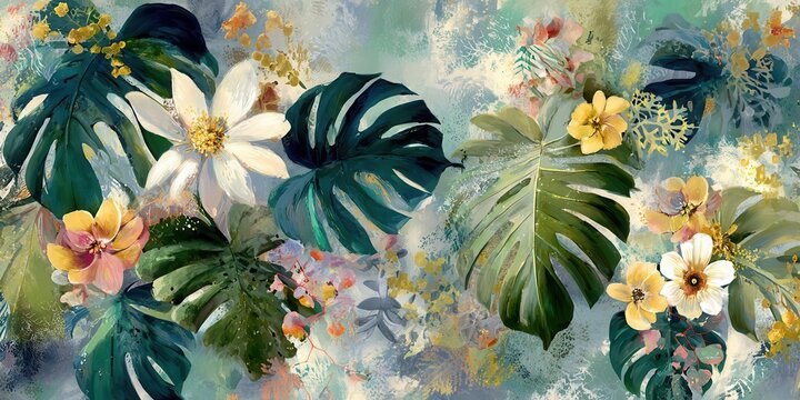 Tropical Botanical Painting with Monstera Leaves and Exotic Flowers Background