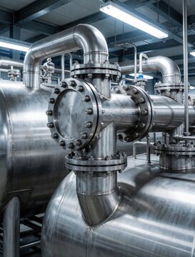 Modern factory interior shows shiny stainless steel pipes and tanks. Clean industrial machinery system for chemical or food production. Precision engineering inside manufacturing plant.