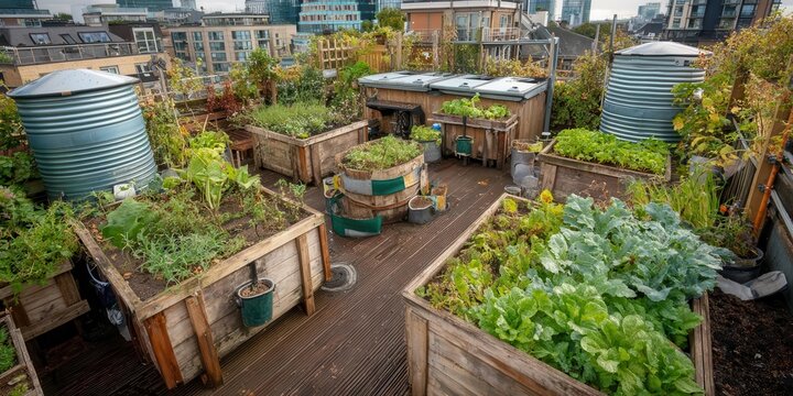 Urban Rooftop Garden with Raised Planter Beds and Water Tanks