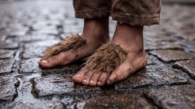Muddy bare feet in wet wilderness