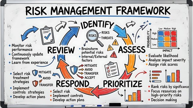 A whiteboard presentation showing a visual risk management framework cycle for business strategy.