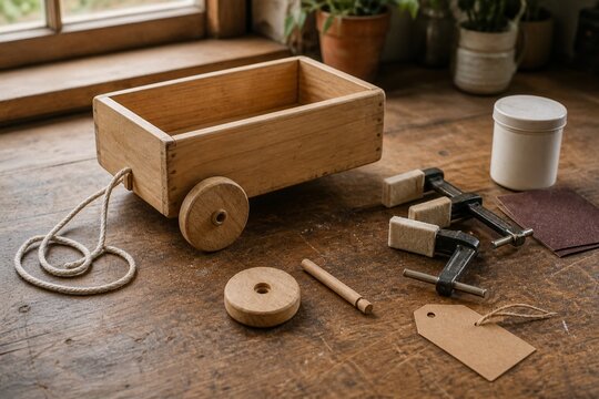 Wooden pull toy repair with detached wheel and clamps