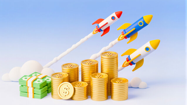 Rockets Launching from Gold Coins and Cash 3D Illustration