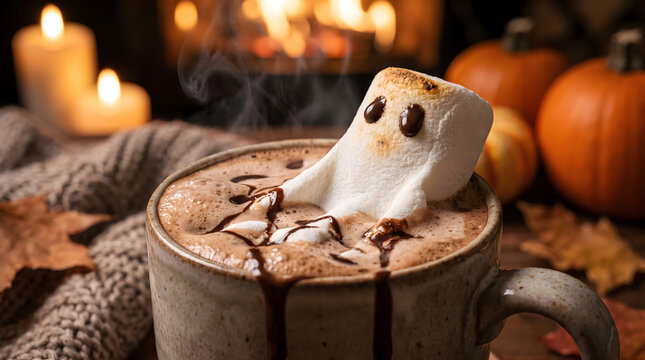 Melting marshmallow ghost on hot chocolate with autumn pumpkins and candles cozy Halloween scene