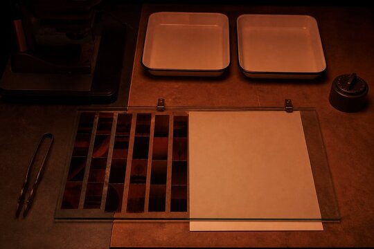 Analog darkroom contact printing under warm safelight