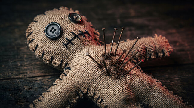Voodoo doll with pins inserted for Halloween ritual and dark magic spell casting