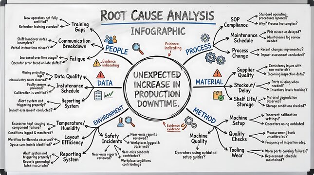 Root cause analysis infographic on a whiteboard explaining production downtime factors in manufacturing.