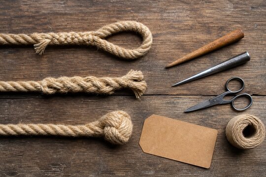 Three natural fiber rope splices with hand tools