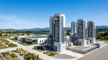 Naklejka premium Industrial Modern Mobile Power Plant with Tall Cylindrical Reactors