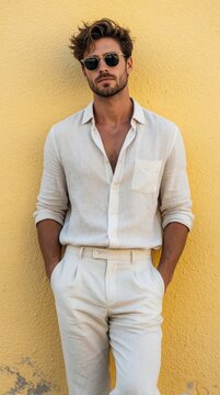 Handsome young man in linen clothes, sunglasses leans against yellow wall. Confident male model wears light shirt, trousers. Stylish guy poses with hands in pockets looking at camera. Summer fashion
