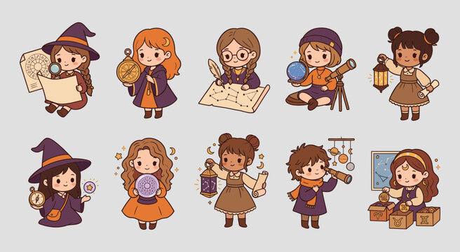 Kawaii chibi witch girl reading tarot and casting spells vector illustration set