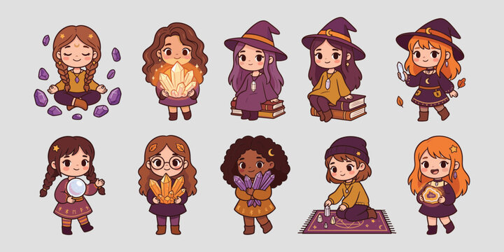 Kawaii chibi witch girl reading tarot and casting spells vector illustration set