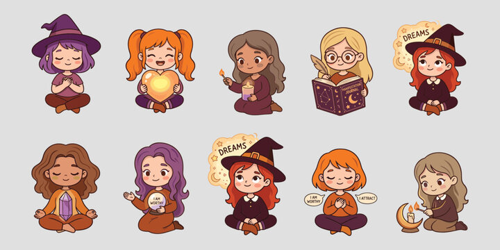 Kawaii chibi witch girl reading tarot and casting spells vector illustration set