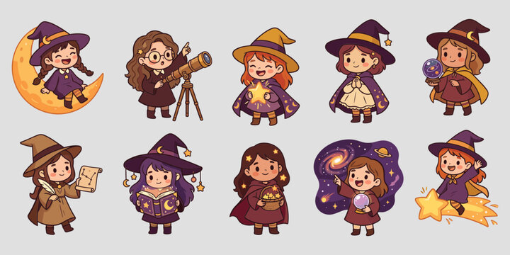 Kawaii chibi witch girl reading tarot and casting spells vector illustration set