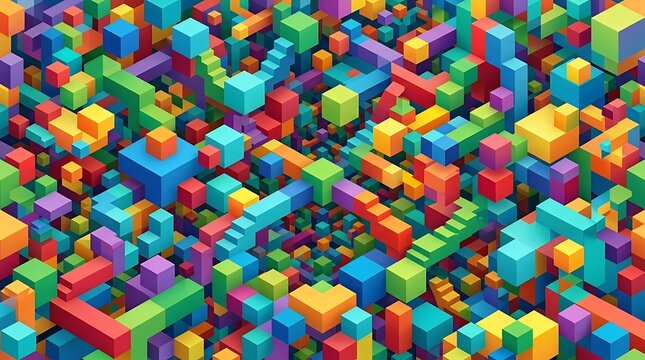 Vibrant Multicolored Block Cube Repeating Pattern Abstract 3D optical illusion wallpaper showcasing endless colorful interlocking geometric blocks in a dynamic spatial layout abstract colorful 3d