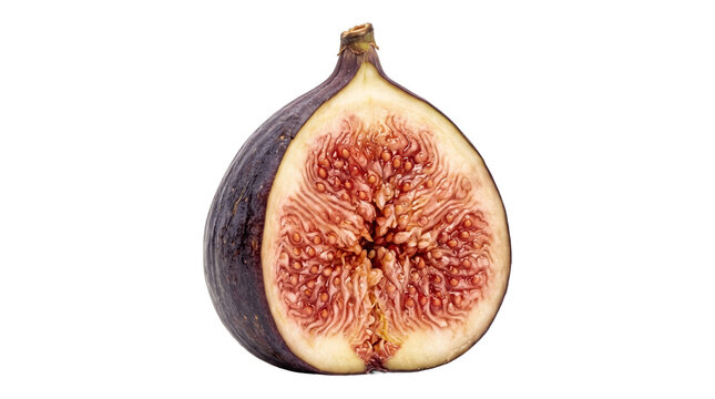 Fresh half fig showing textured seed pulp on transparent background for healthy eating food illustration.