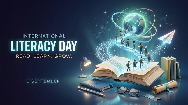 Open book with ascending figures and a glowing globe digital illustration