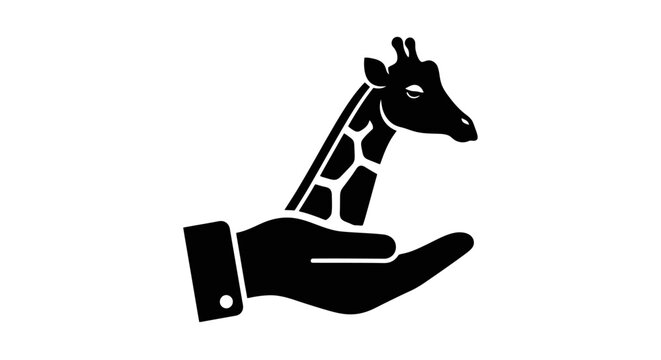 Protecting wildlife and nature concept with a black silhouette hand holding a gentle giraffe head vector graphic icon illustration design symbol for conservation