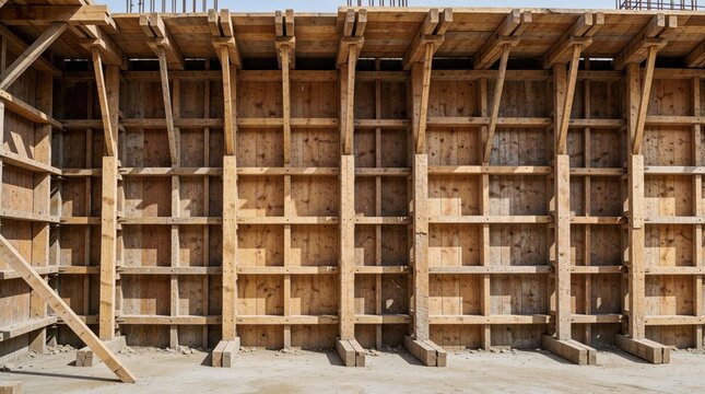 Wooden formwork for concrete construction. Timber framework supports building walls. Rough texture of planks forms structure for pouring cement at building site.