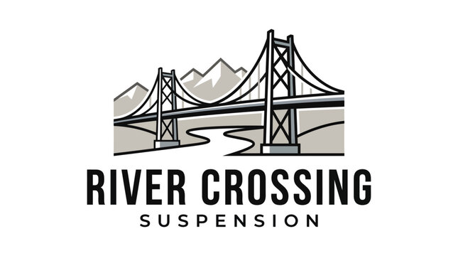 Minimalist linear logo design of a suspension bridge over a river with mountain backdrop.