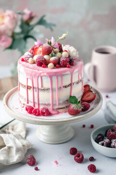 Elegant pink drip cake decorated with strawberries, raspberries and cream on a cake stand in a bright pastel setting