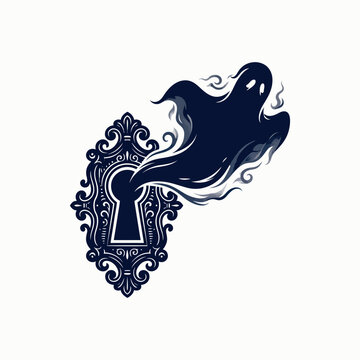 Vintage ghost emerging from ornate keyhole, spooky phantom silhouette vector, gothic horror illustration for Halloween