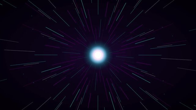 Abstract hyperspace warp speed tunnel effect with glowing light streaks and particles