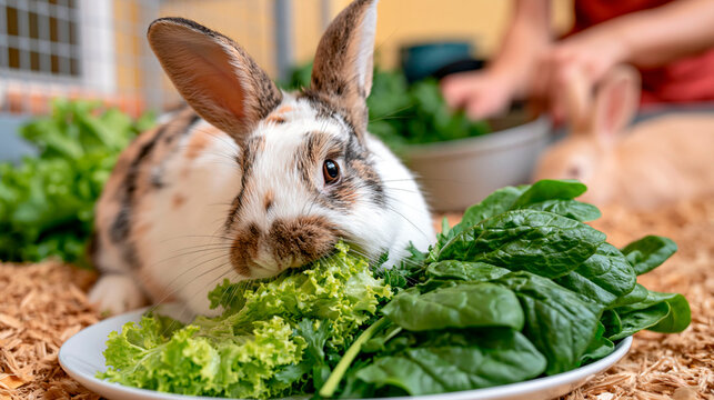 Rabbit eating fresh leafy greens at animal shelter on world animal day, healthy nutrition, pet care, animal welfare and responsible ownership concept