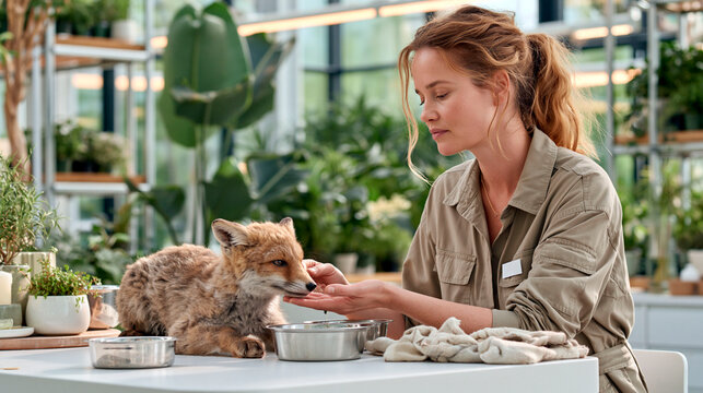 Wildlife caretaker feeding rescued fox at rehabilitation center on world animal day, animal welfare, rescue, compassion and conservation concept