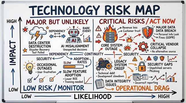 A whiteboard illustration showing a technology risk map with impact and likelihood quadrants for business strategy.
