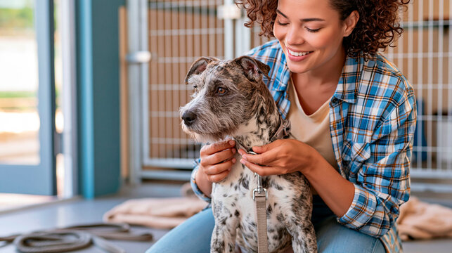 Smiling woman caring for rescue dog at animal shelter on world animal day, pet adoption, compassion, welfare and responsible ownership concept