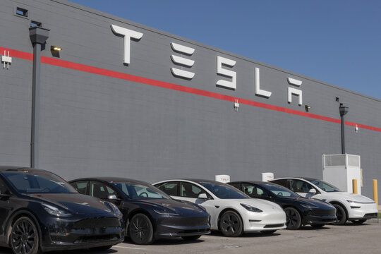 Tesla EV electric vehicle dealership. Tesla models include the Cybertruck, Model 3, Model Y, Model X and Model S.