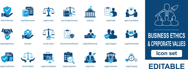 Fototapeta premium Business ethics and corporate values icon set, 21 legal and compliance vector symbols, professional blue law icons for corporate governance