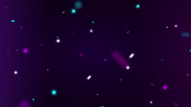 Neon particle motion background: abstract purple and cyan glowing geometric shapes floating