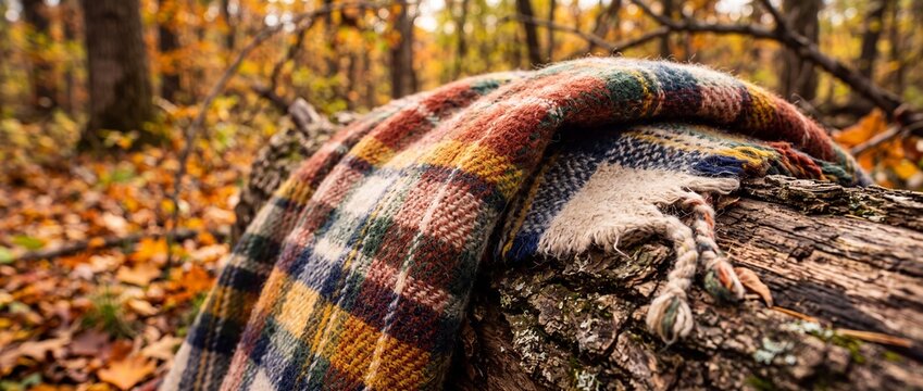Plaid wool blanket drapes over mossy fallen log in autumn forest floor with colorful scattered leaves for warm rustic outdoor concept