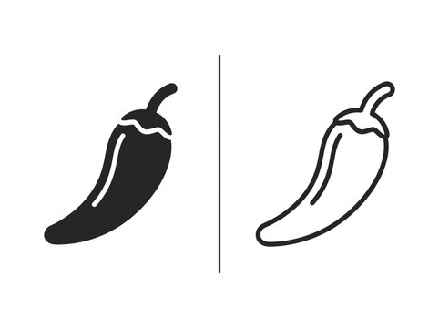 Chili pepper outline and black fill icon set with vegetable ingredient seasoning monochrome