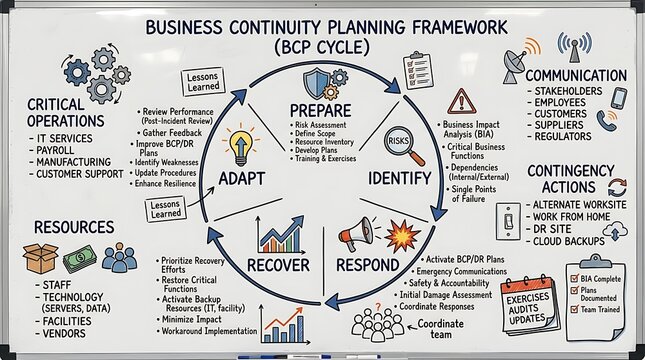 Business continuity planning framework cycle diagram on a white whiteboard for corporate management and risk assessment strategy.