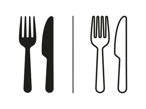 Fork and knife cutlery outline and black fill icon set with silverware restaurant tableware