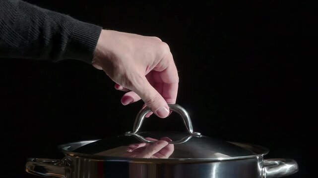 Cook Picks up the Lid from the Pan. White Clouds of steam rise from under the raised cap on a black background