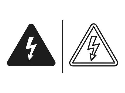Outline and black fill icon set showing a high voltage electricity warning triangle with electricity