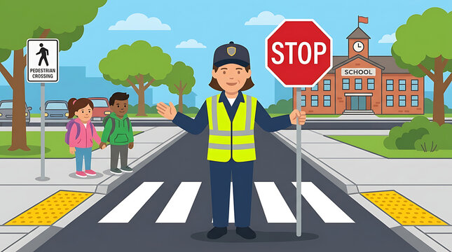 School crossing guard holding stop sign assisting a student crossing the street near a school building