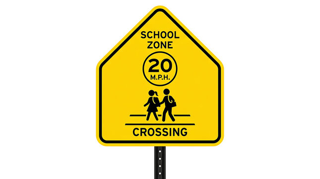 Yellow School Zone Crossing Sign with Speed Limit 20 M.P.H. and Children Icons